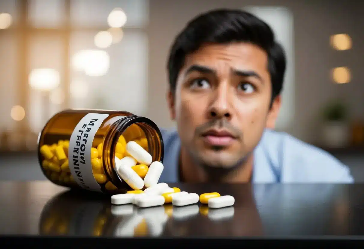 A bottle of metformin pills spilling out onto a table, with a worried expression on a person's face in the background