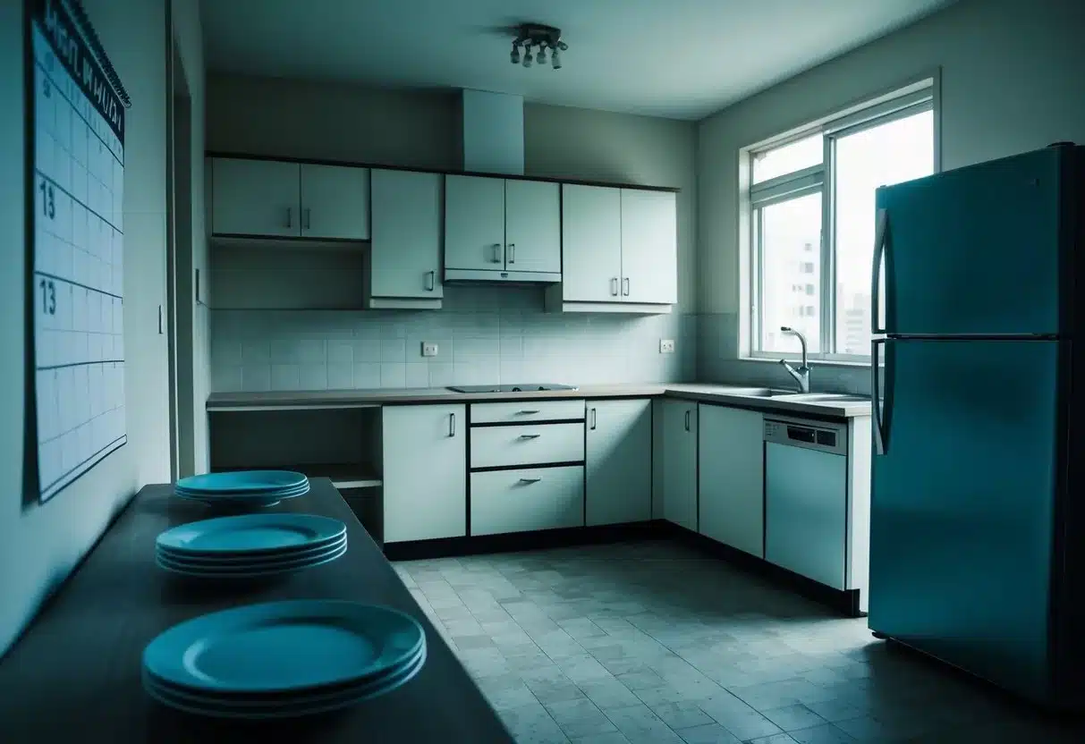 A deserted kitchen with empty plates and an open refrigerator. A calendar on the wall shows five days crossed out. A sense of emptiness and neglect permeates the space