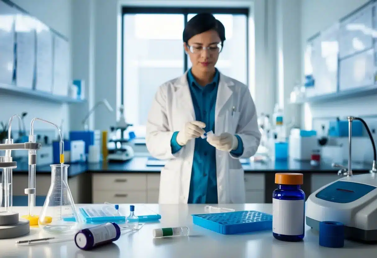 A person standing in a laboratory, surrounded by research equipment and scientific instruments. A vial of Metformin sits on the table, while charts and graphs line the walls