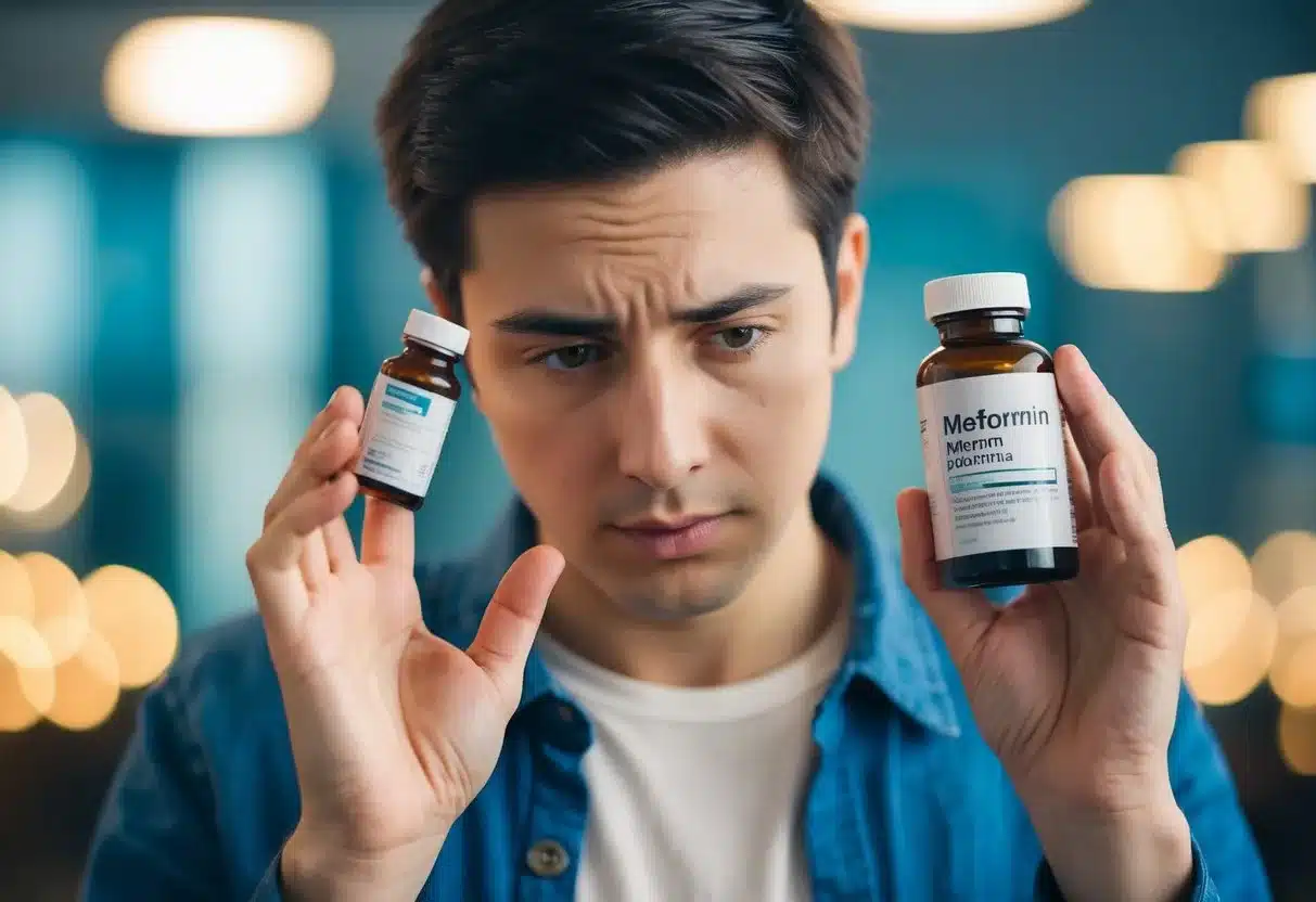 A person without diabetes holding a bottle of metformin, looking confused