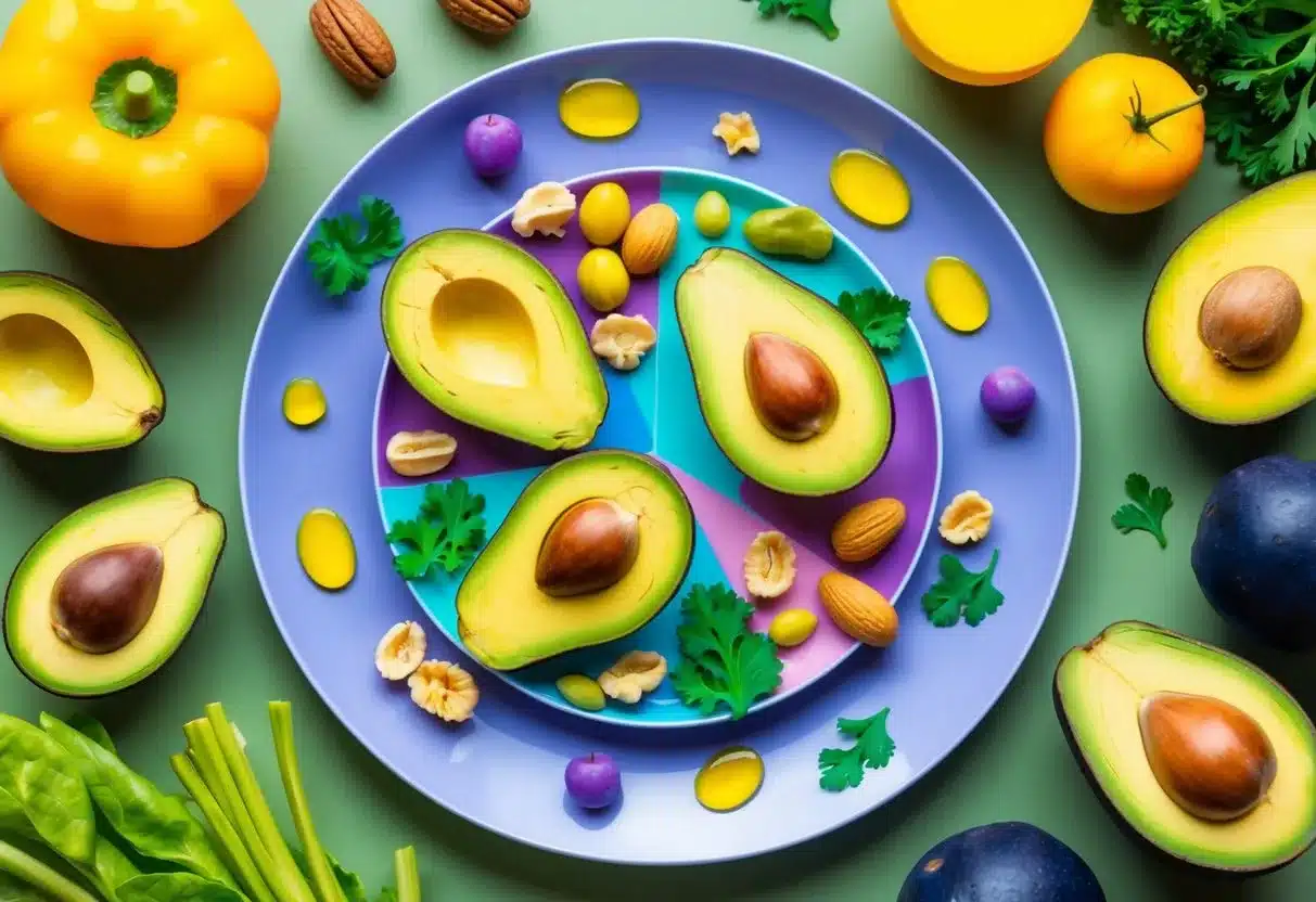 A colorful plate with a variety of healthy fats such as avocados, nuts, and olive oil, surrounded by vibrant fruits and vegetables