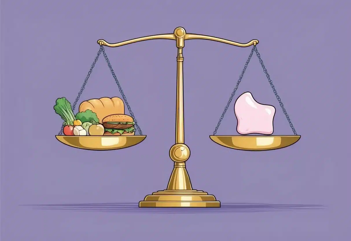 A balanced scale with a variety of food items on one side and a single piece of fat on the other