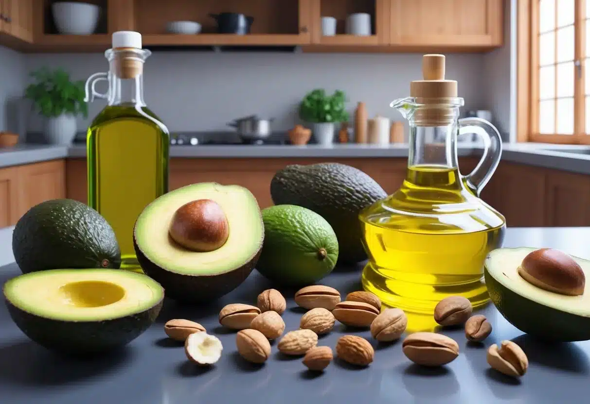 A colorful array of avocados, nuts, and olive oil on a kitchen counter