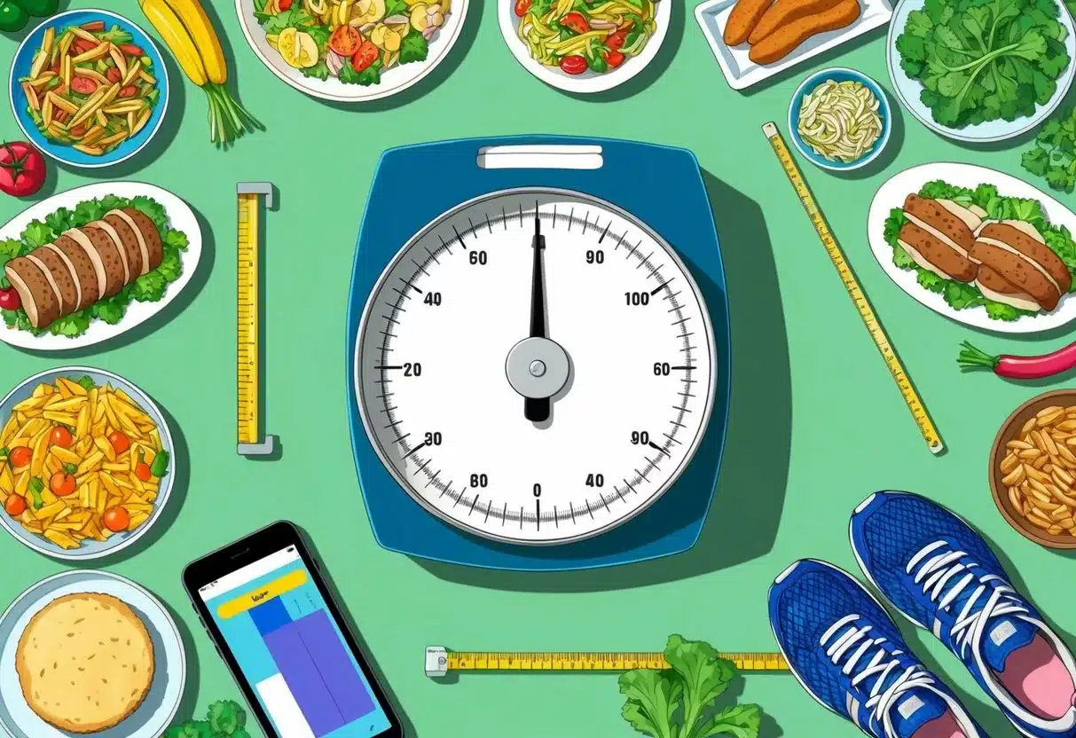 A scale surrounded by various types of food, with a measuring tape and a pair of running shoes nearby