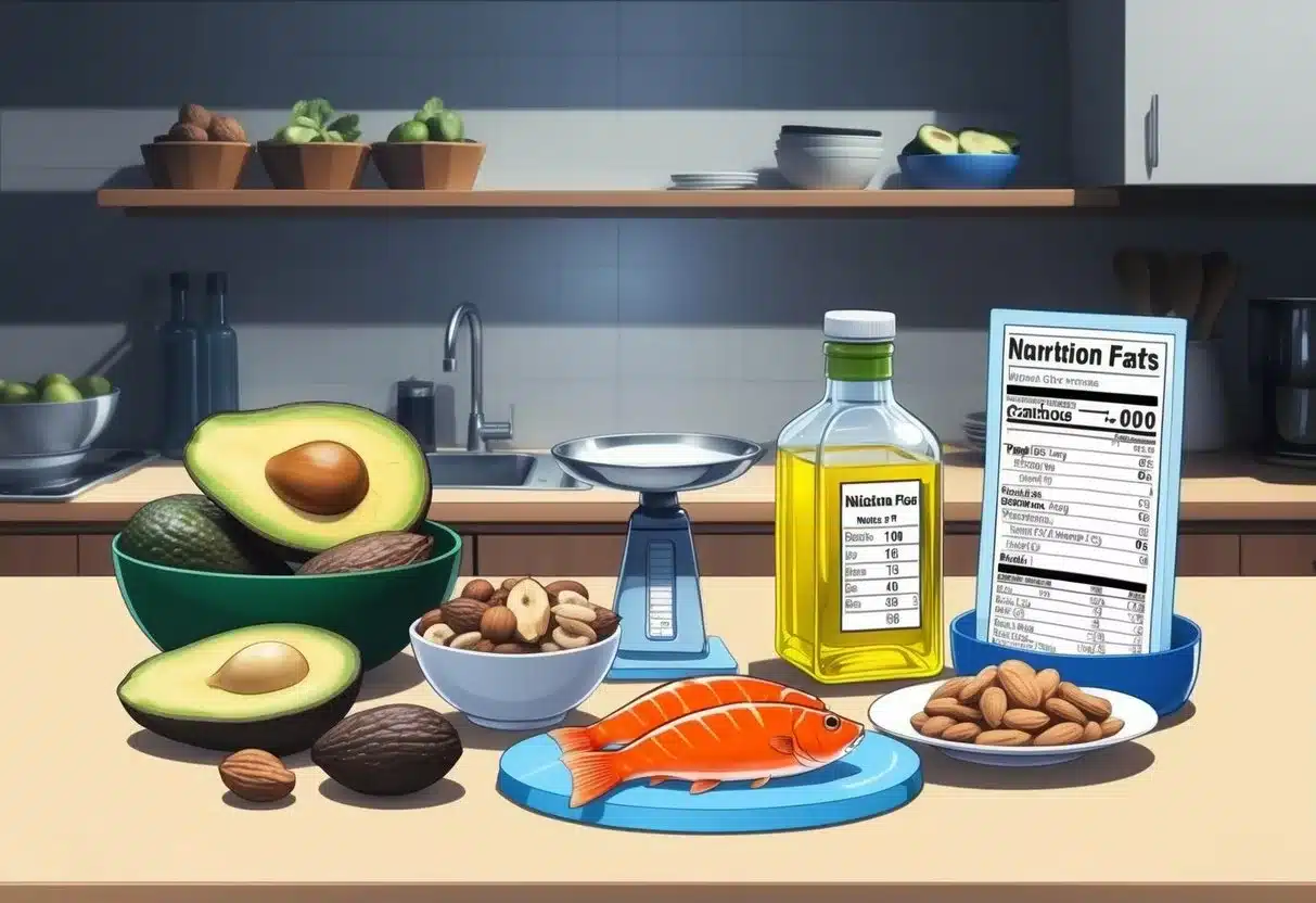 A kitchen counter with a variety of healthy fats sources such as avocados, nuts, olive oil, and fatty fish. A measuring scale and a nutrition label are visible