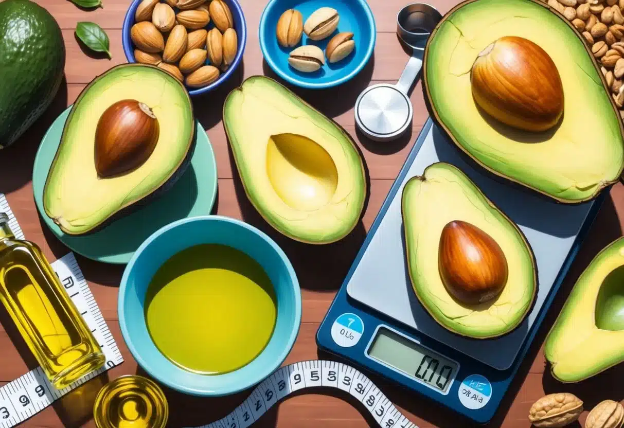 A table with a variety of foods, including avocados, nuts, and olive oil, surrounded by measuring tape and a scale