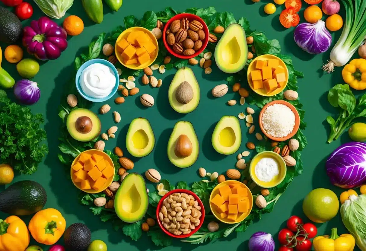 A colorful spread of whole foods, including avocados, nuts, and olive oil, surrounded by a halo of vibrant fruits and vegetables