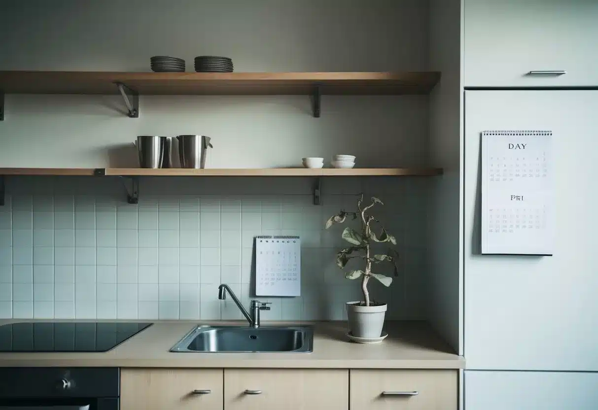 A barren kitchen with empty shelves and a calendar showing five days crossed off. A wilted plant sits on the counter