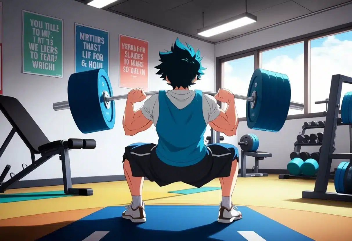 A person lifting weights in a gym, surrounded by exercise equipment and motivational posters