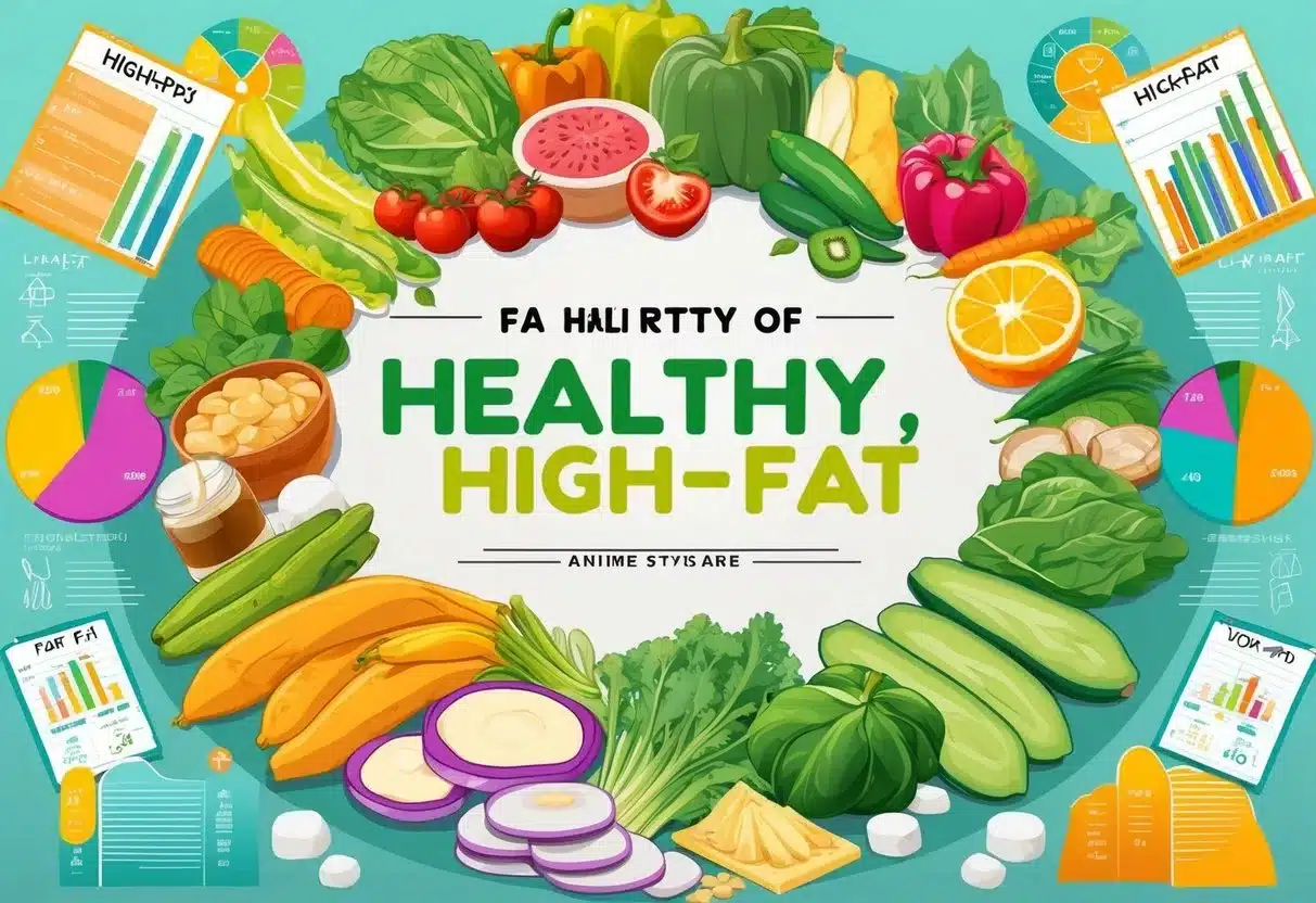 A colorful infographic showing a variety of healthy, high-fat foods surrounded by scientific charts and graphs