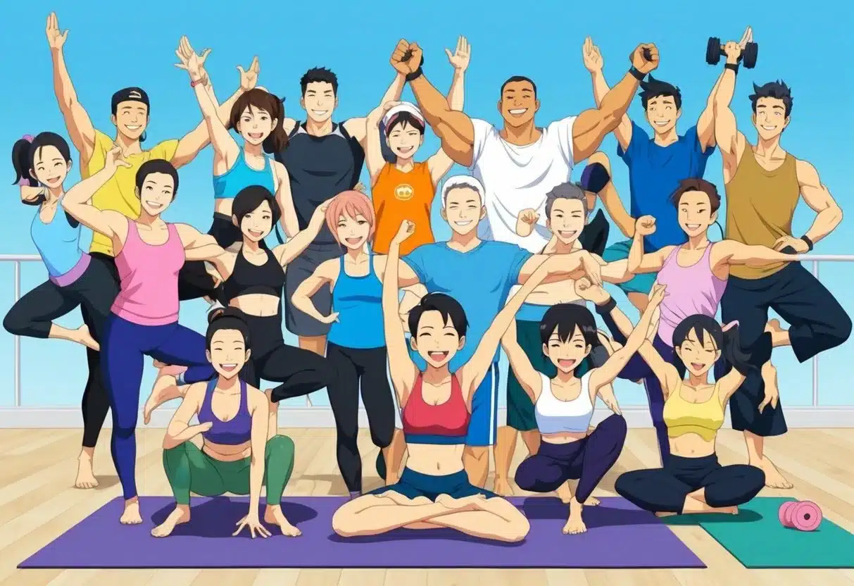 A diverse group of people of different ages and body types engage in various physical activities together, such as yoga, dancing, and weightlifting, while smiling and laughing