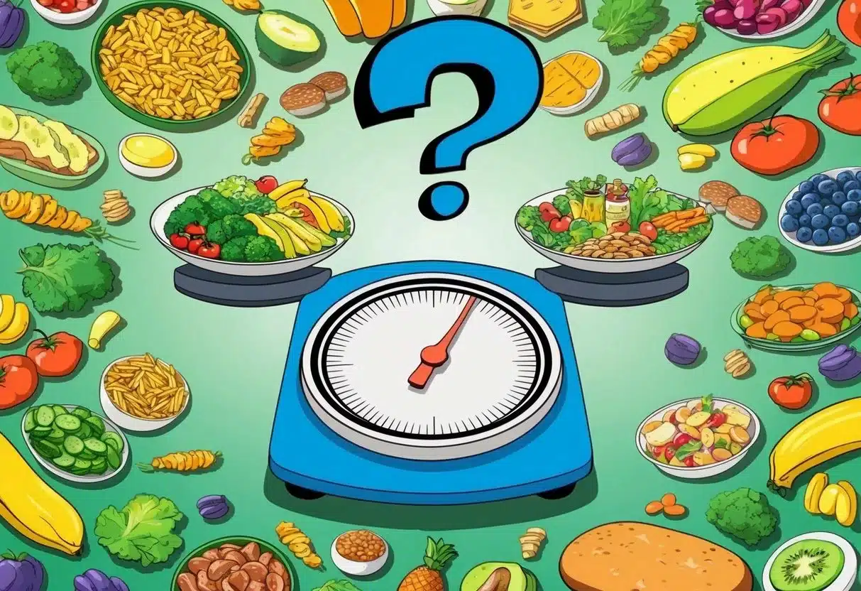 A scale surrounded by a variety of healthy and unhealthy food items, with a question mark hovering above it