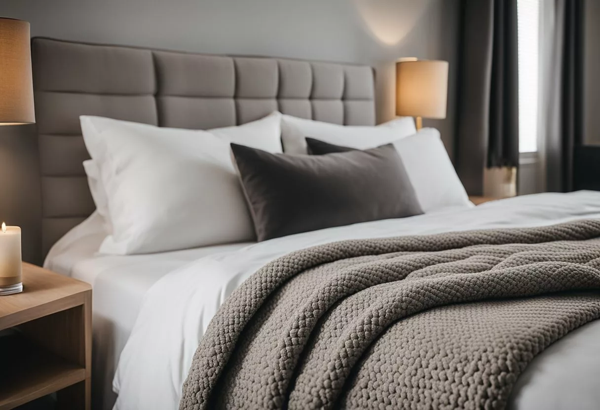 A cozy bedroom with a neatly made bed, adorned with a weighted blanket in a calming, neutral color. The blanket is draped over the bed, inviting relaxation and comfort