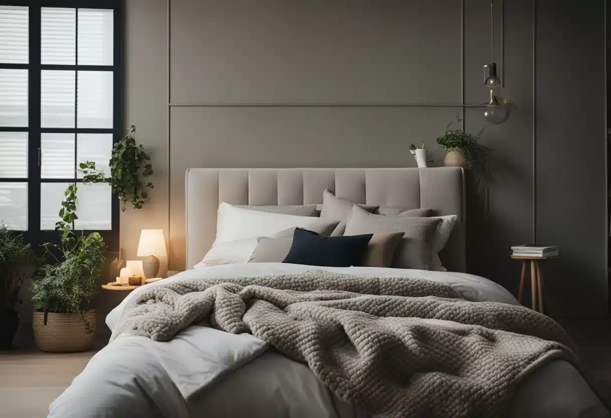 A cozy bedroom with a neatly made bed, adorned with a weighted blanket in a calming, neutral color. A soft, comforting atmosphere with gentle lighting