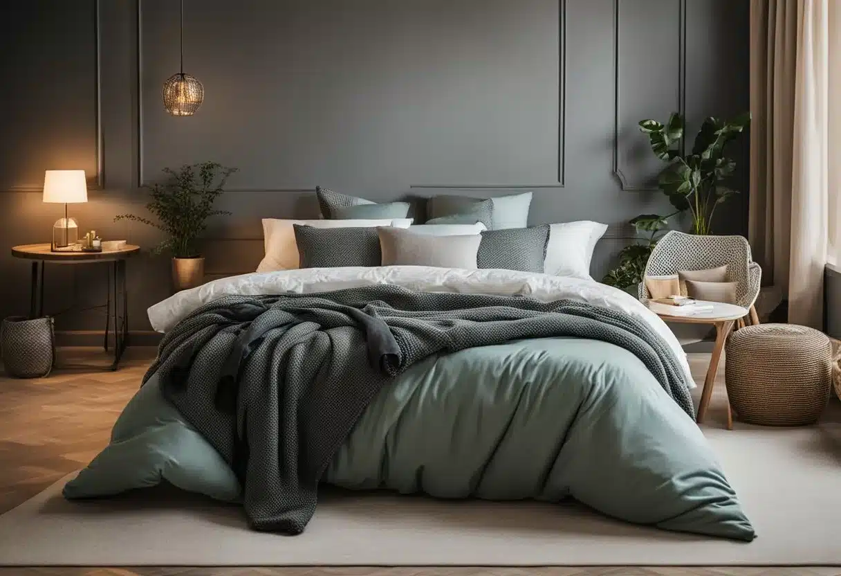 A cozy bedroom with a neatly made bed featuring a weighted blanket draped across it, surrounded by pillows and a soft, inviting atmosphere