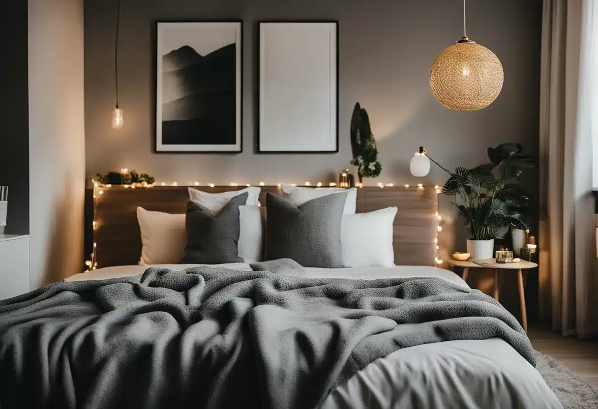 A cozy bedroom with a weighted blanket draped over a neatly made bed, surrounded by calming decor and soft lighting