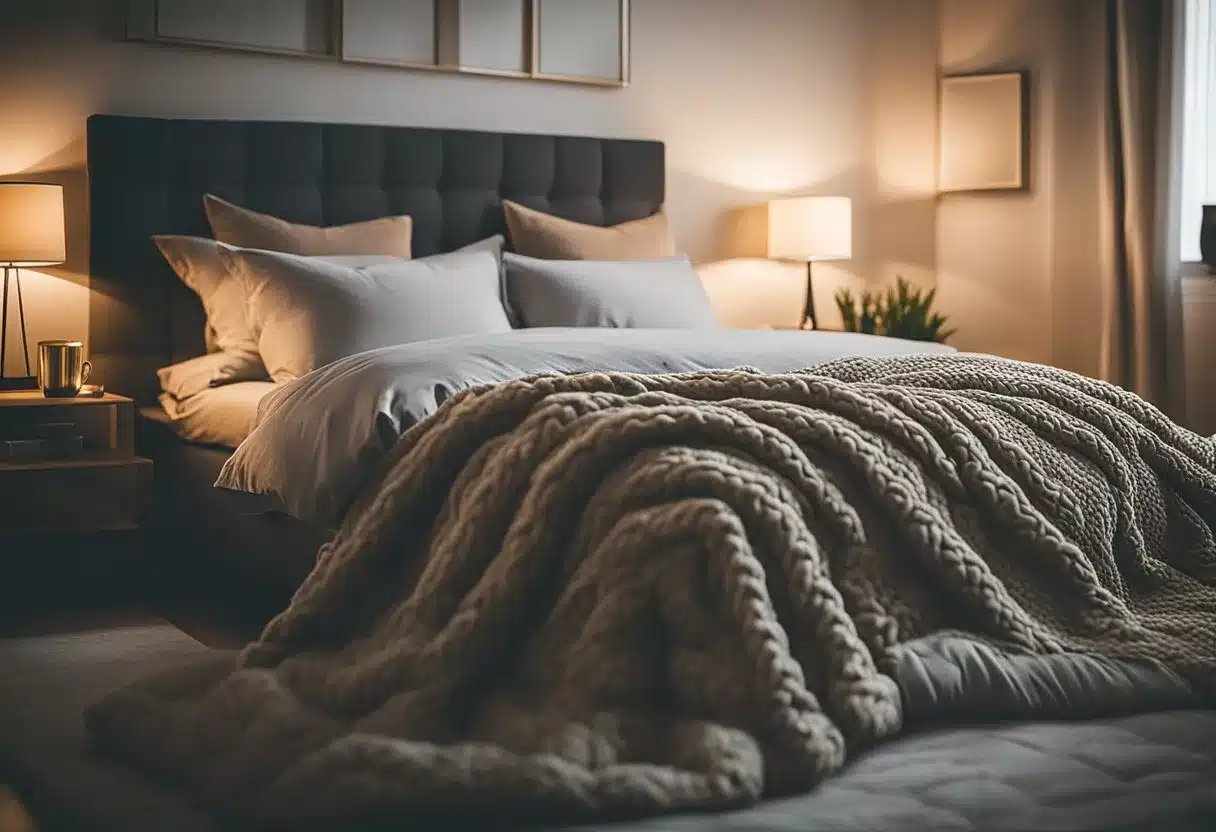 A cozy bedroom with a neatly made bed featuring a weighted blanket draped over it, surrounded by soft pillows and warm lighting