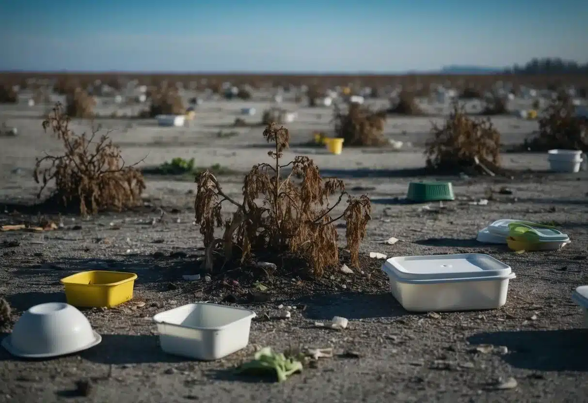 A barren, desolate landscape with wilted plants and empty food containers scattered across the ground. A sense of emptiness and deprivation permeates the scene