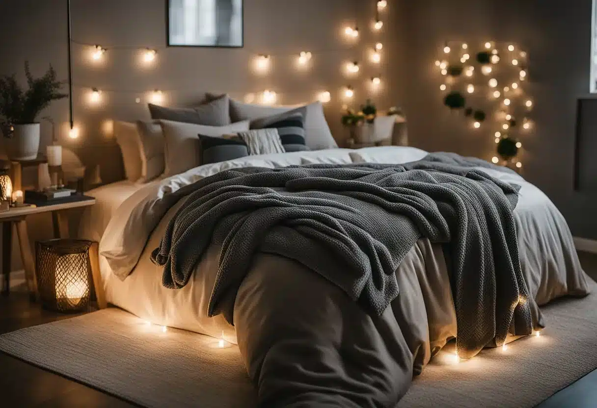 A cozy bedroom with a neatly made bed featuring a weighted blanket draped over it, surrounded by soft, calming decor and dim lighting