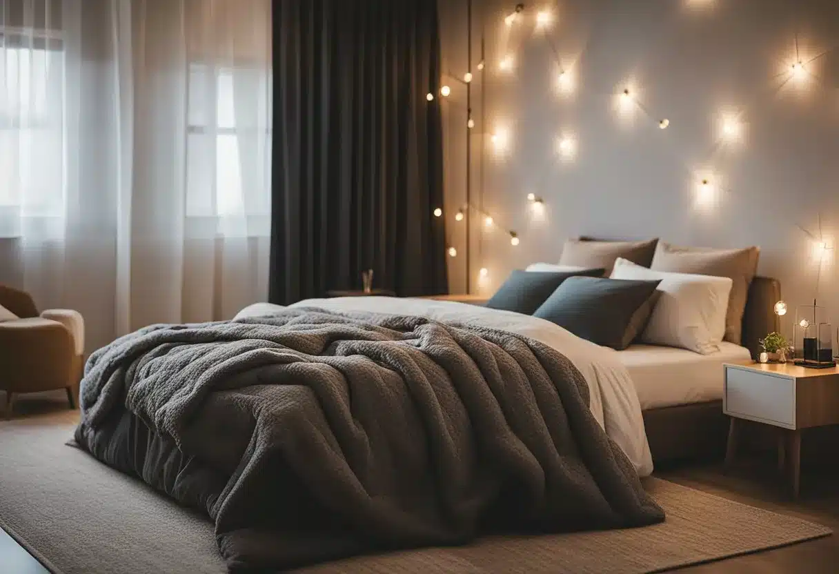 A cozy bedroom with a neatly made bed featuring a weighted blanket folded at the foot, surrounded by soft pillows and warm lighting