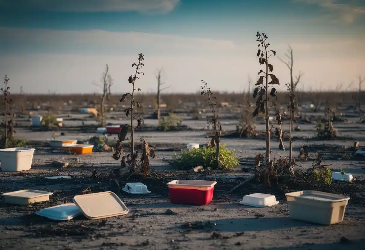 A barren, desolate landscape with wilted plants and empty food containers strewn about, conveying the consequences of not eating for 5 days