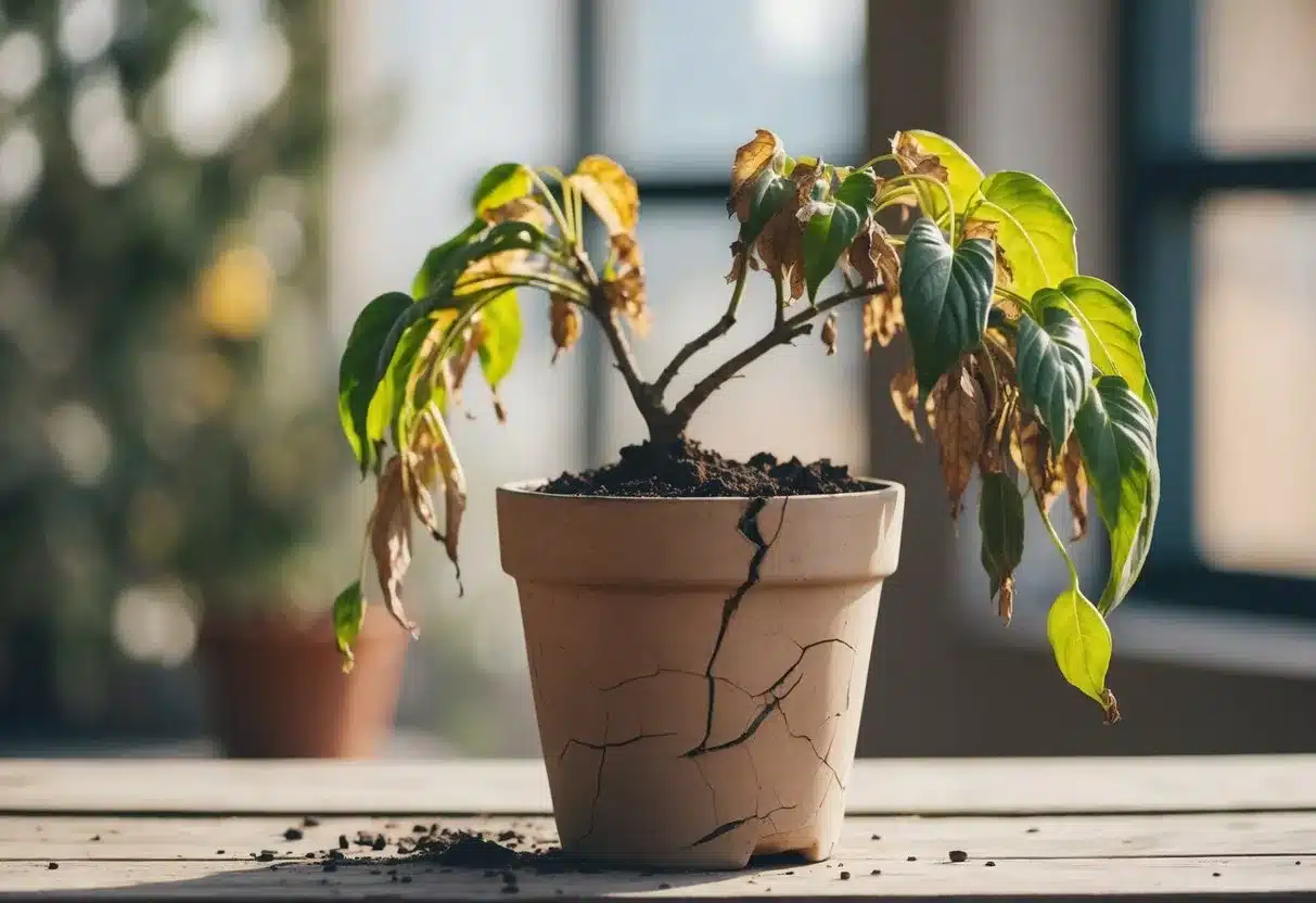 A wilted plant in a cracked pot, with drooping leaves and dried soil