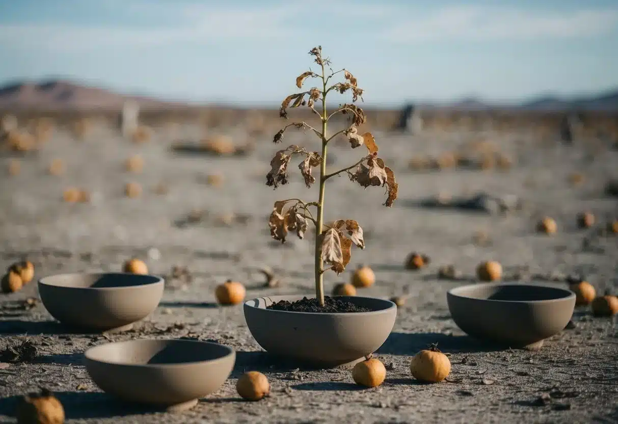 A wilted plant in a barren landscape, surrounded by empty bowls and withered fruits