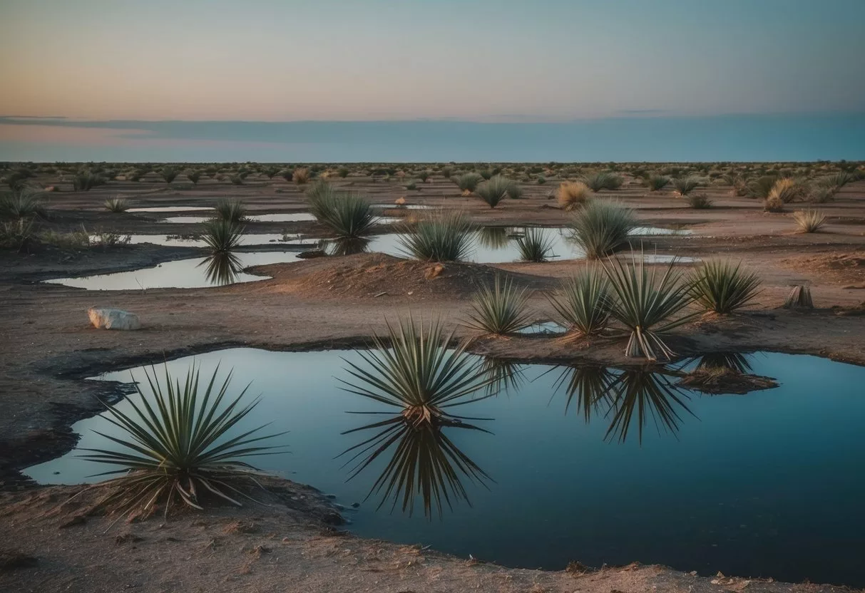 A barren landscape with wilted plants and dried-up water sources, under a dim sun and a cloudless sky