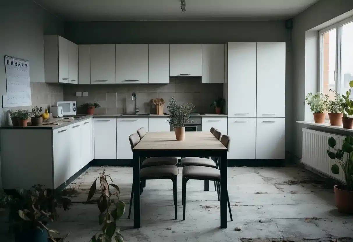 A barren kitchen with empty cabinets and a neglected dining table, surrounded by wilted plants and a calendar marking off five days