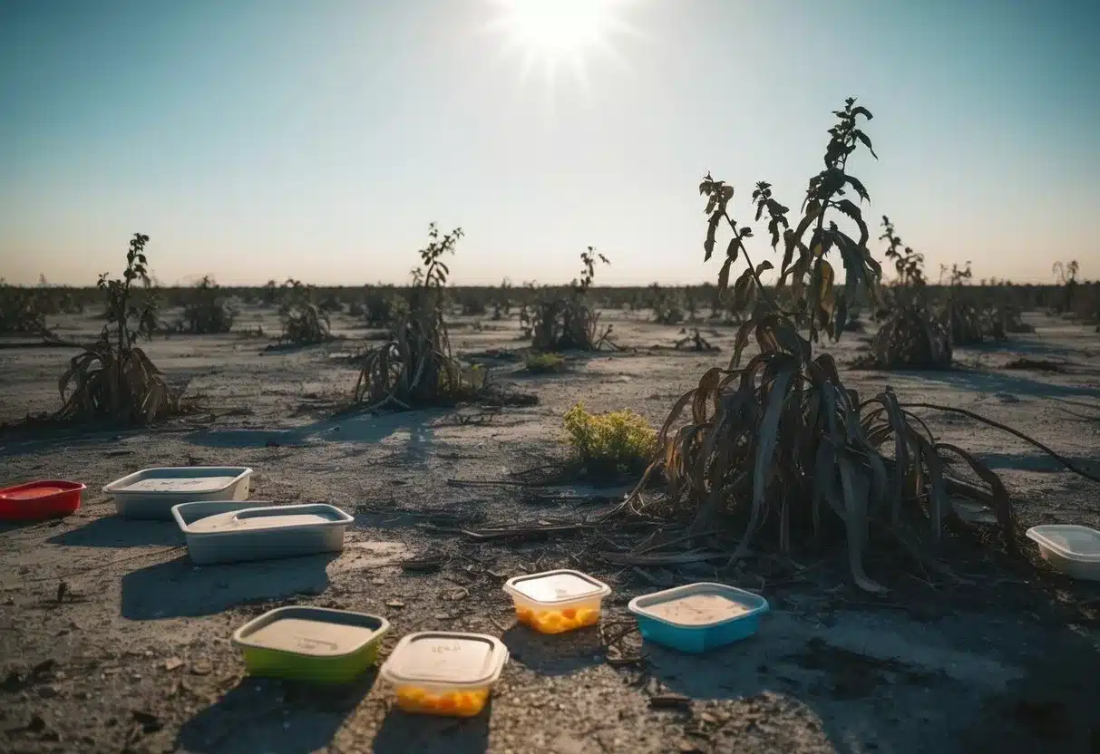 A barren landscape with wilted plants and empty food containers scattered around. The sun beats down on the desolate scene, emphasizing the absence of sustenance