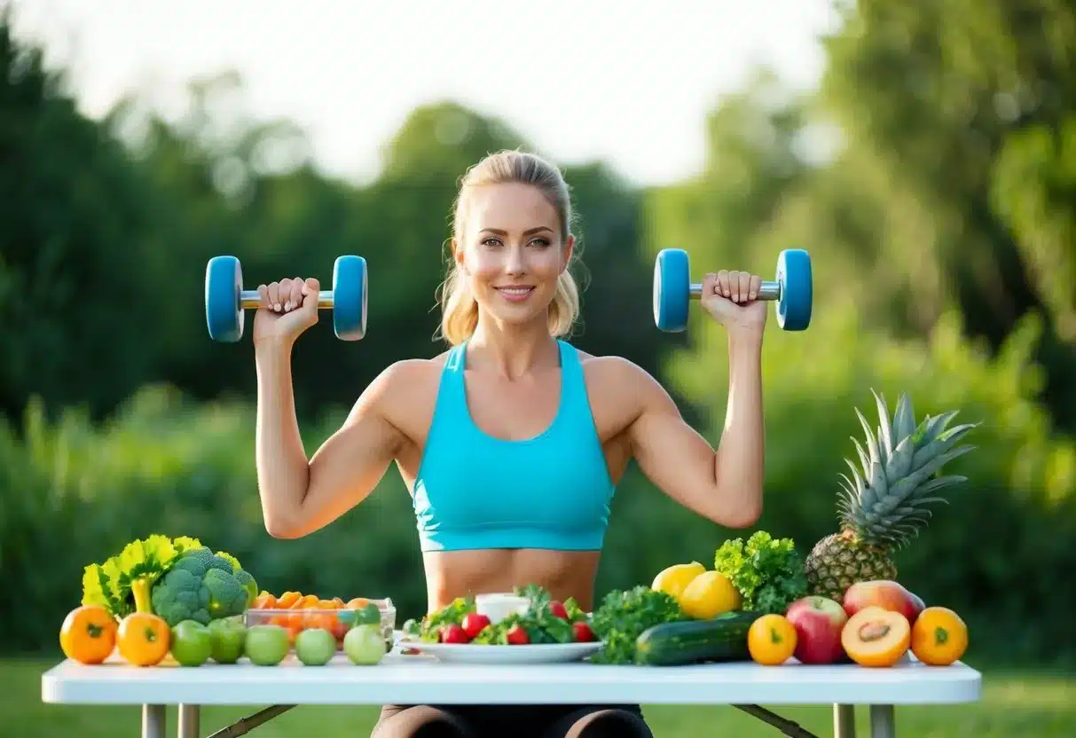 A person exercising outdoors, surrounded by fresh fruits and vegetables, with a balanced meal on a table