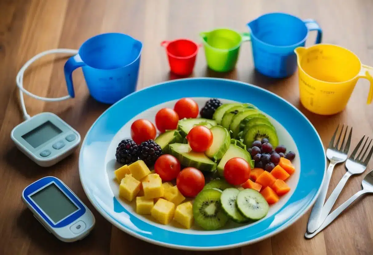 A colorful plate of balanced, healthy food surrounded by measuring cups and a blood glucose monitor