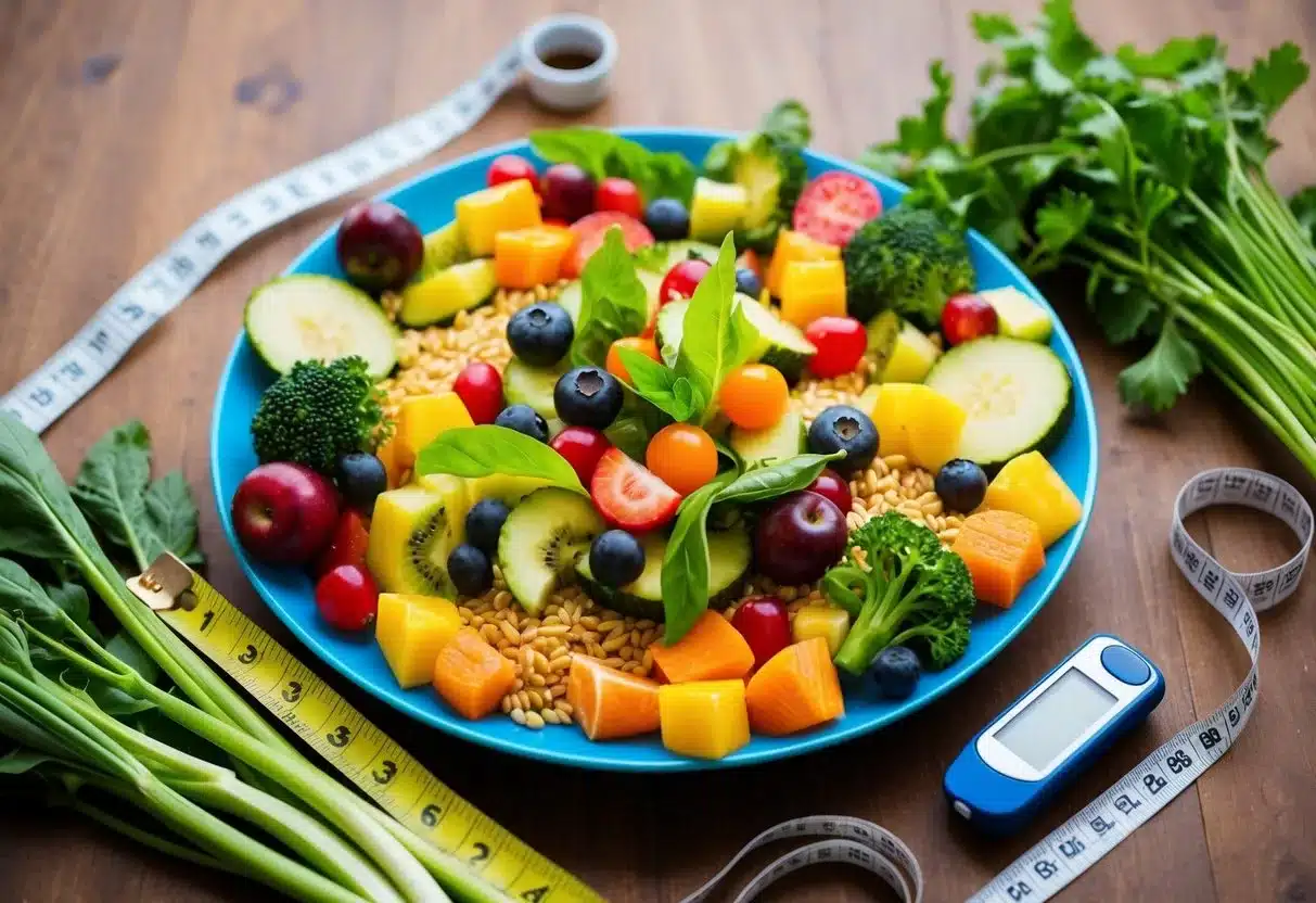 A colorful plate filled with a variety of fresh fruits, vegetables, whole grains, and lean proteins, surrounded by a measuring tape and a glucose meter