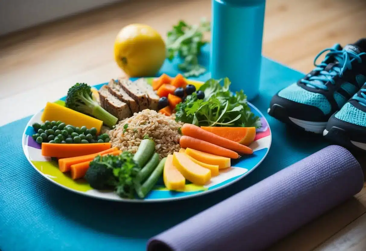 A colorful plate filled with vegetables, lean proteins, and whole grains, surrounded by a yoga mat, running shoes, and a water bottle