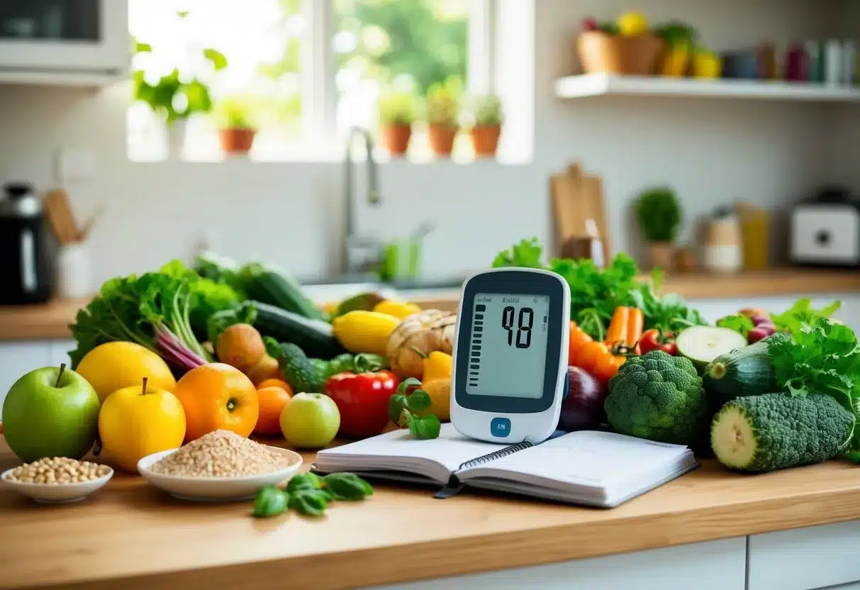 A kitchen counter with a variety of fresh fruits, vegetables, whole grains, and a glucose monitor displayed next to a journal for tracking blood sugar levels