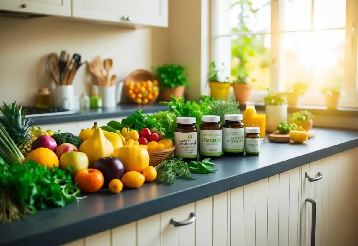 A serene, sunlit kitchen counter displays an assortment of colorful fruits, vegetables, and herbs, alongside jars of natural supplements and remedies for diabetes control