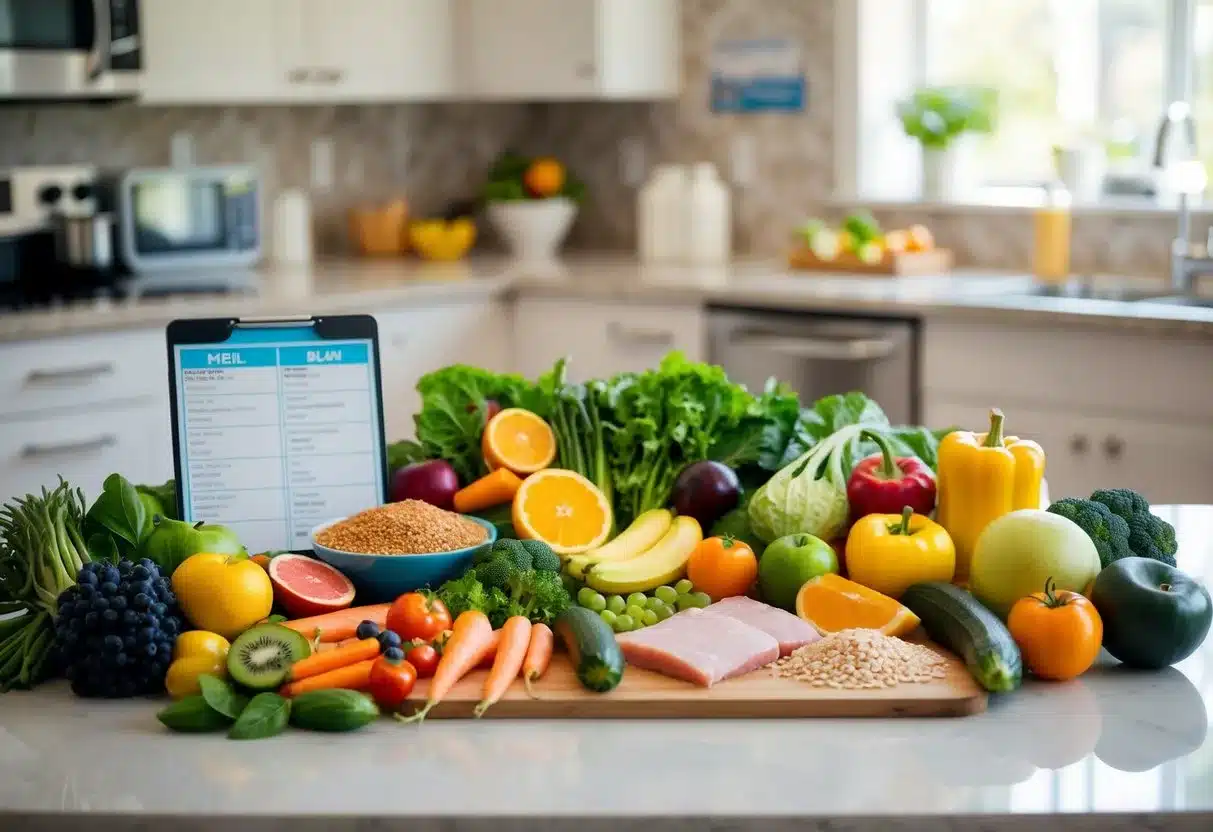 A colorful array of fresh fruits, vegetables, whole grains, and lean proteins laid out on a kitchen counter, with a meal plan and blood glucose monitor nearby