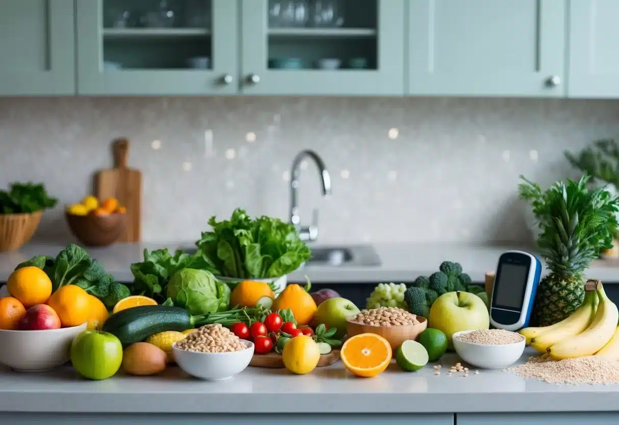 A serene and organized kitchen counter displaying a variety of fresh fruits, vegetables, whole grains, and a glucose monitor