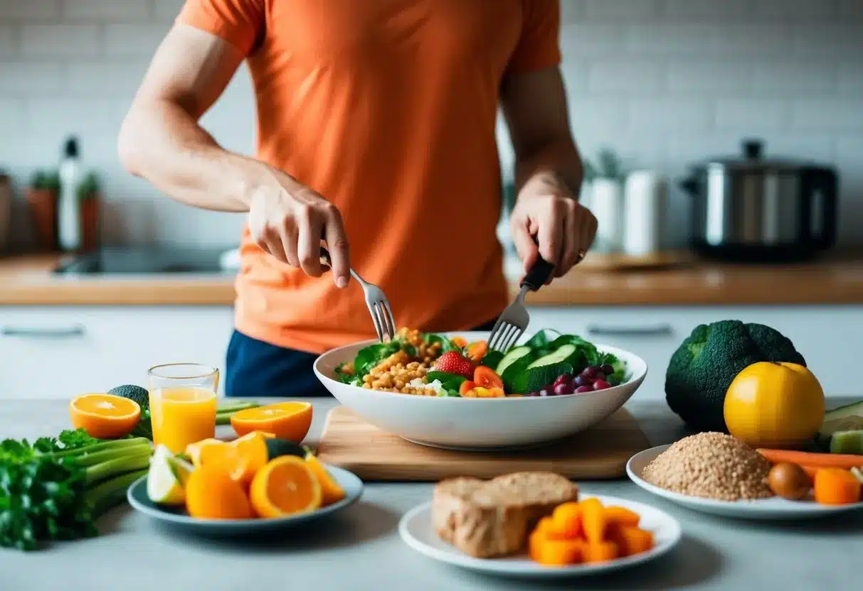 A person preparing a balanced meal with fruits, vegetables, and whole grains, while also engaging in regular physical activity