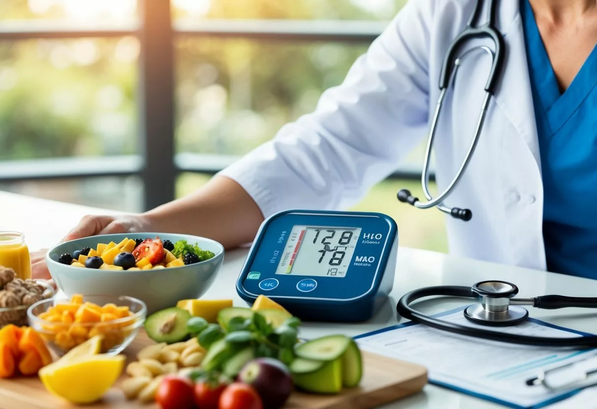 A table with a variety of healthy foods, a blood pressure monitor, and a doctor's stethoscope on a desk