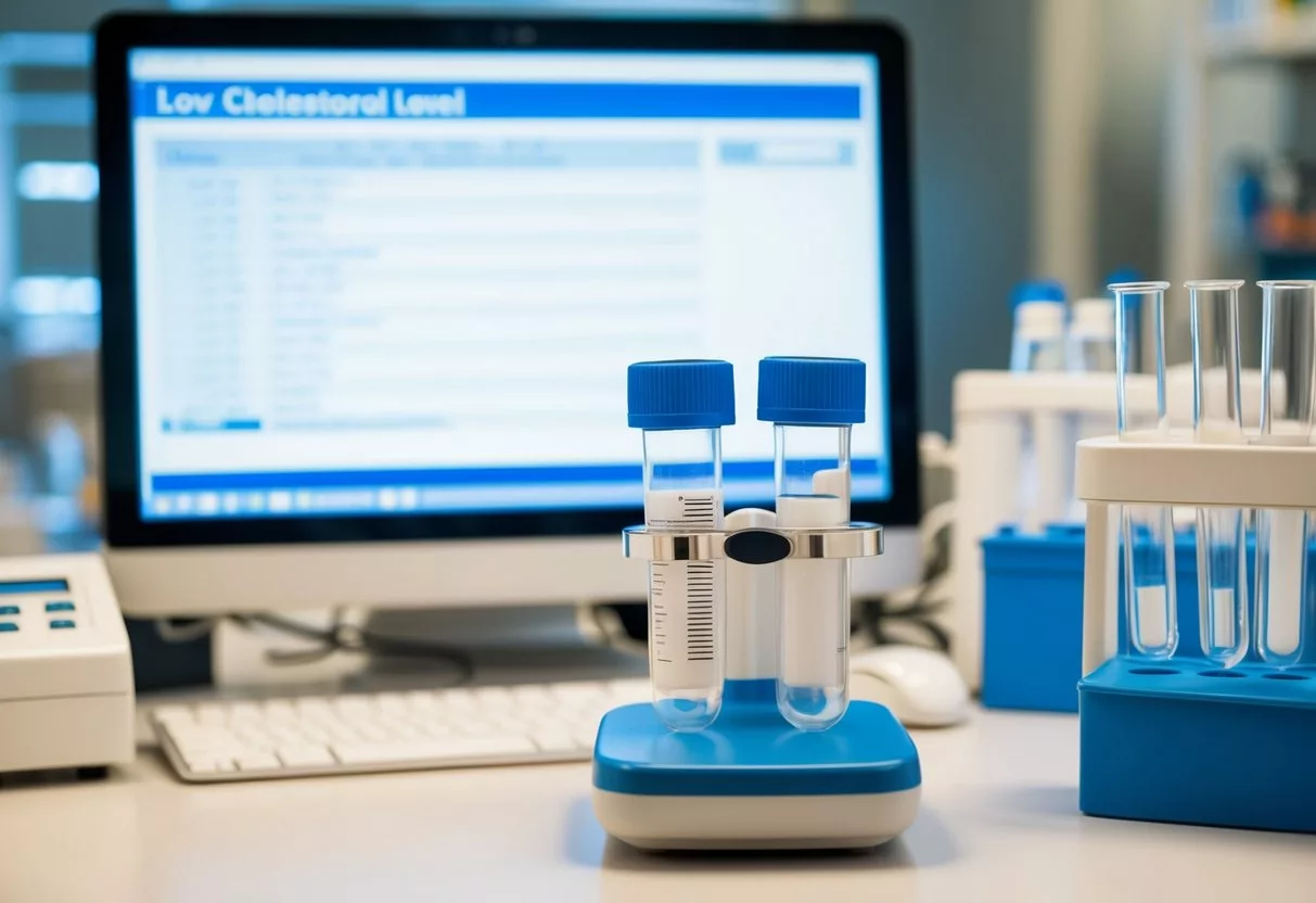 A laboratory setting with test tubes and equipment, showing a low cholesterol level result on a monitor