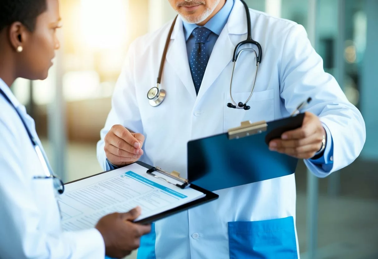 A doctor holding a clipboard, explaining to a patient the potential risks of having excessively low cholesterol levels