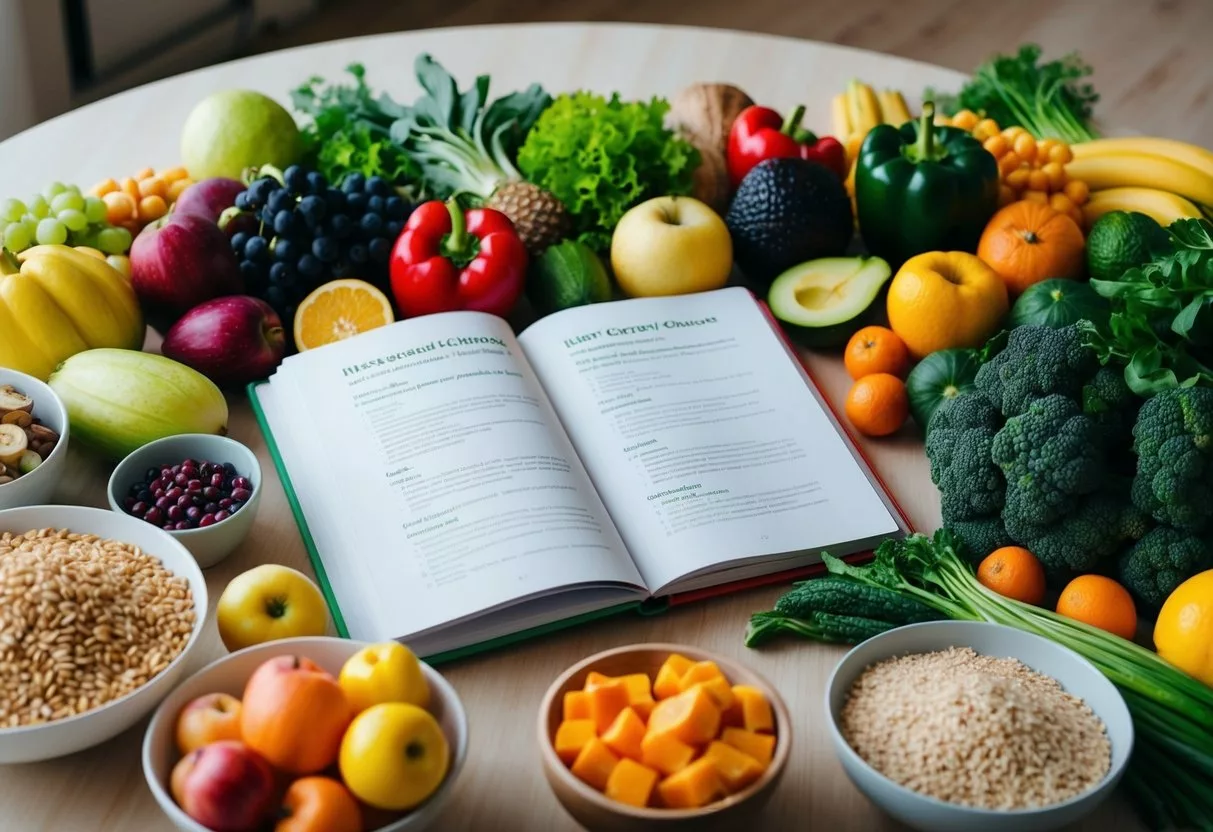 A table filled with various fruits, vegetables, and whole grains. A heart-healthy cookbook open to a page with low-cholesterol recipes