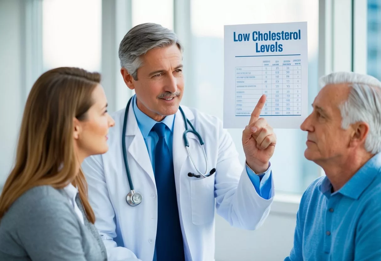 A doctor pointing to a chart showing low cholesterol levels, while a concerned patient listens attentively