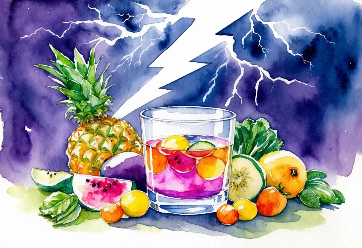 A clear glass filled with a colorful liquid, surrounded by various fruits and vegetables. A bolt of lightning strikes in the background, emphasizing the importance of electrolytes