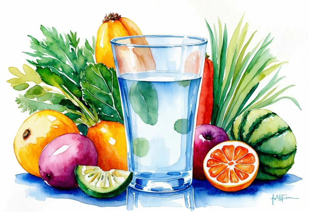 A glass of water with various fruits and vegetables surrounding it, representing the natural sources of electrolytes