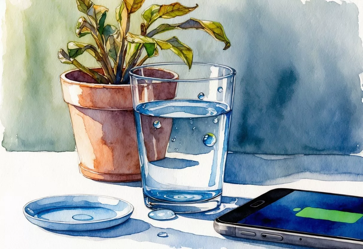 A glass of water with a few drops of sweat around it, a wilted plant, and a faded battery symbol on a digital device