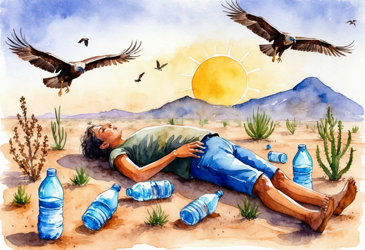 A person collapses in the desert, surrounded by empty water bottles and wilting plants. The sun beats down as vultures circle overhead