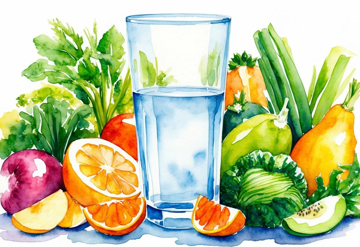 A glass of water with various fruits and vegetables surrounding it, representing a balanced diet for maintaining healthy electrolyte levels