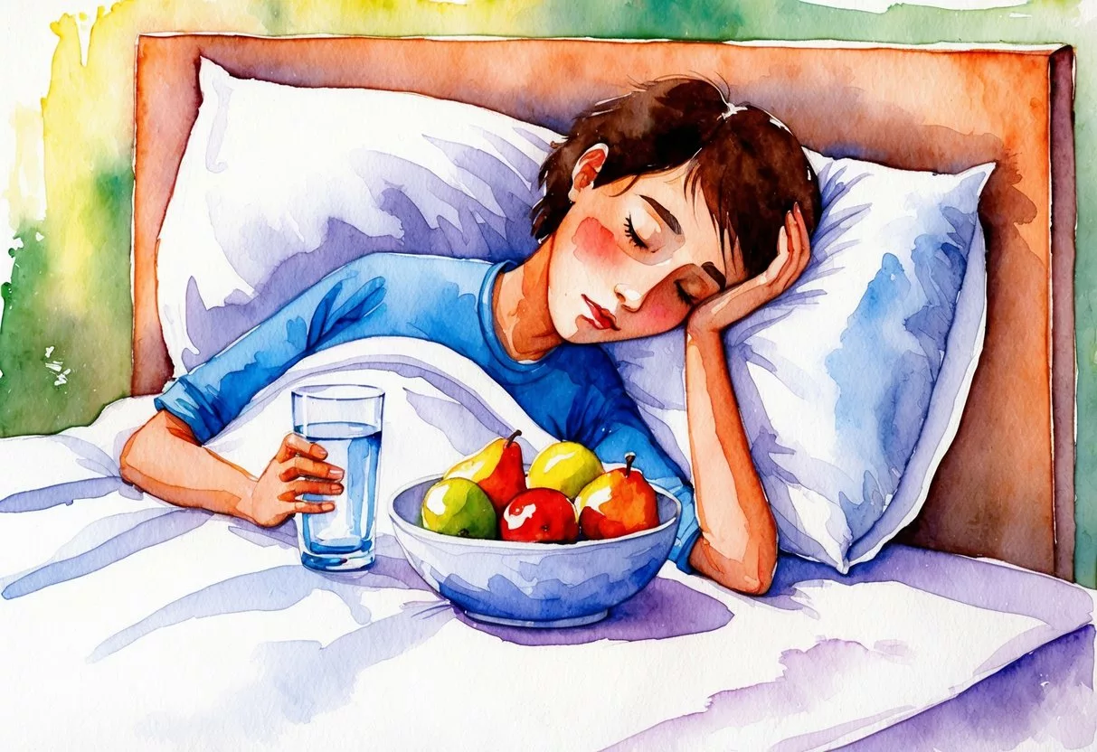 A person lying in bed with a glass of water and a bowl of fruits, looking tired and weak